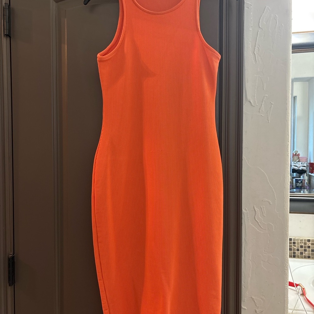 Sleeveless Orange Ribbed Bodycon Dress
